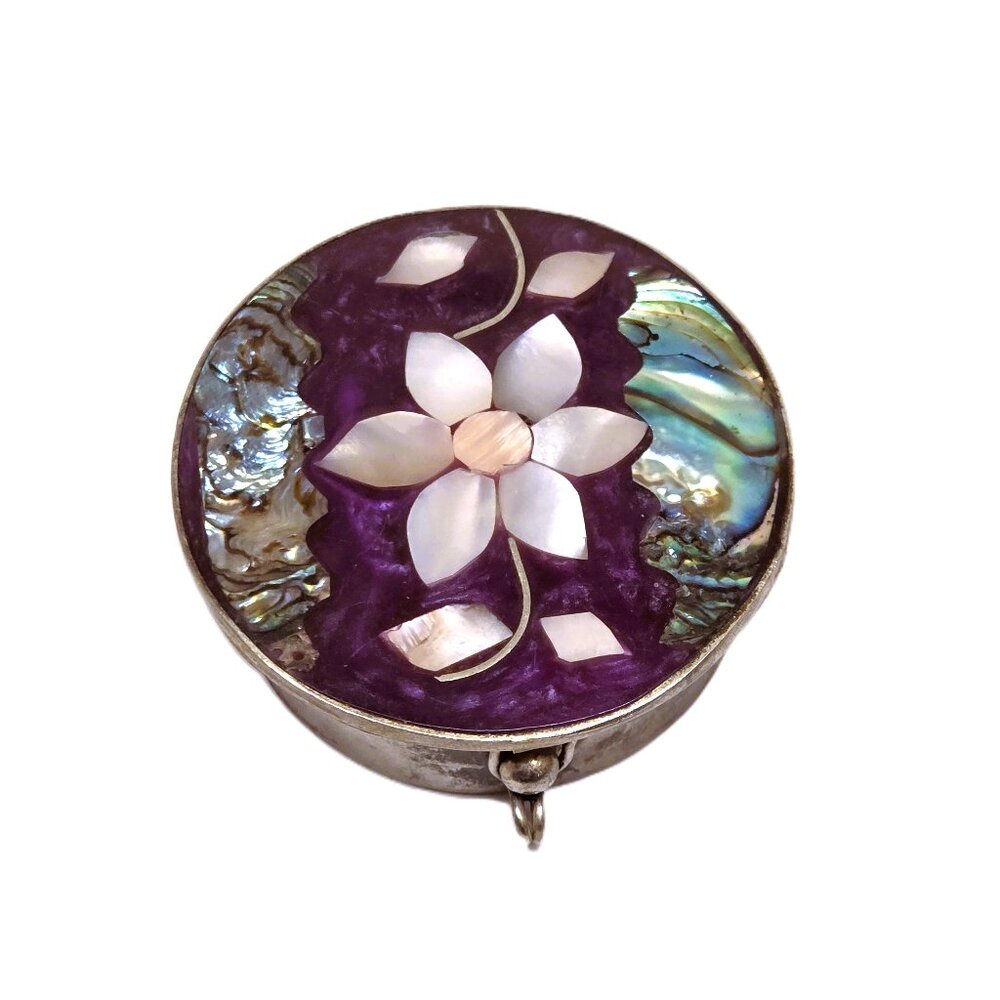 Vtg Alpaca Silver Mexico Trinket Box Enamel Inlaid MoP Abalone Flower Purple